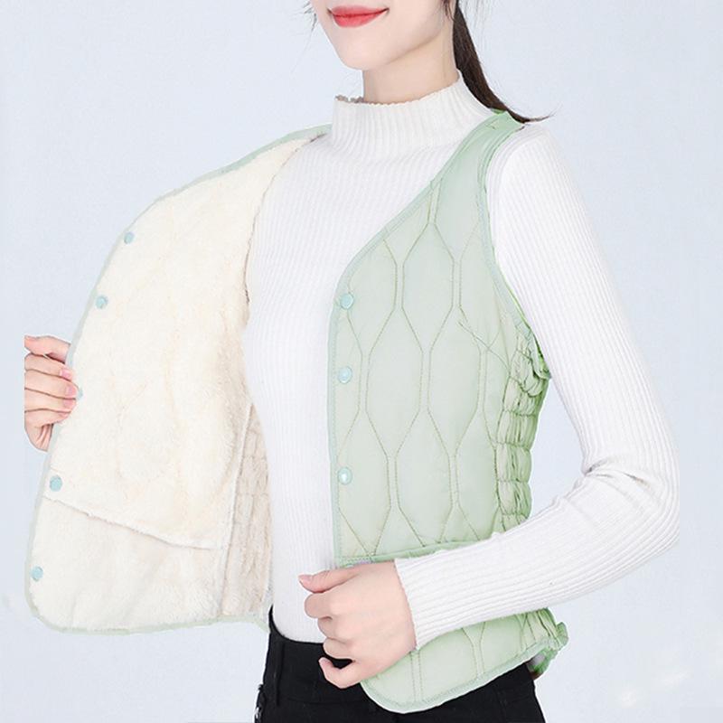 2025 Women's Autumn/Winter V-Neck Down Cotton Vest: Plus Velvet, Thick, Warm, Sleeveless, Slim Fit, Versatile.