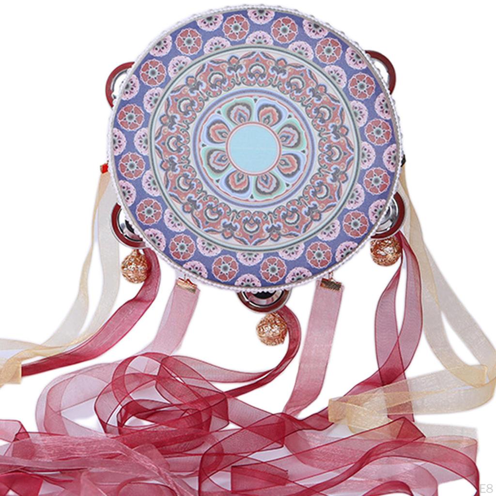 Chinese Decorative Tambourine Hand Drum 7.28inch Vintage with Ribbon Lightweight Musical Instrument