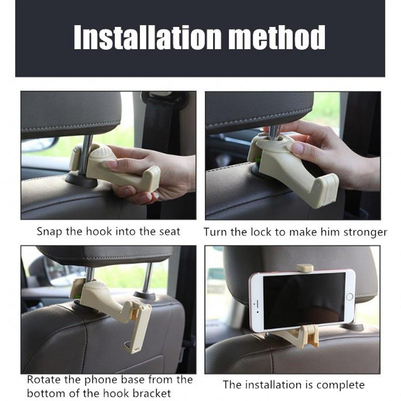 2 In 1 Car Headrest Hook with Phone Holder Seat Back Hanger for Bag Handbag Purse Grocery Cloth Car Phone Holder Car