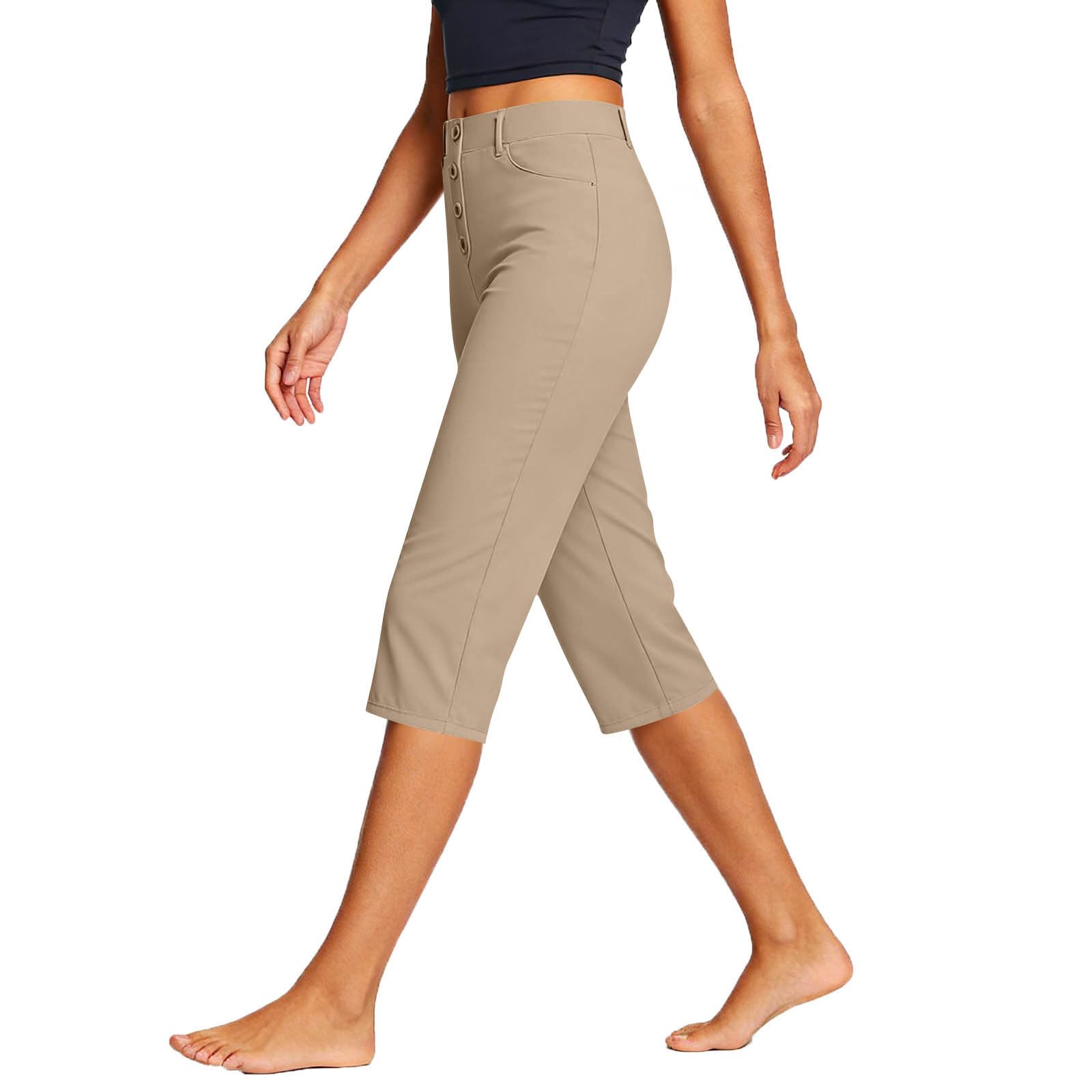 

Women Casual Straight Leg Capri Pants Stretchy High Waist Mid Calf Length Workout Trousers Lightweight Breathable Fabric S бежевый