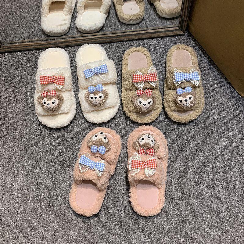 Cartoon cute fluffy slippers 2025 autumn and winter new fashion versatile comfortable warm word women's cotton slippers