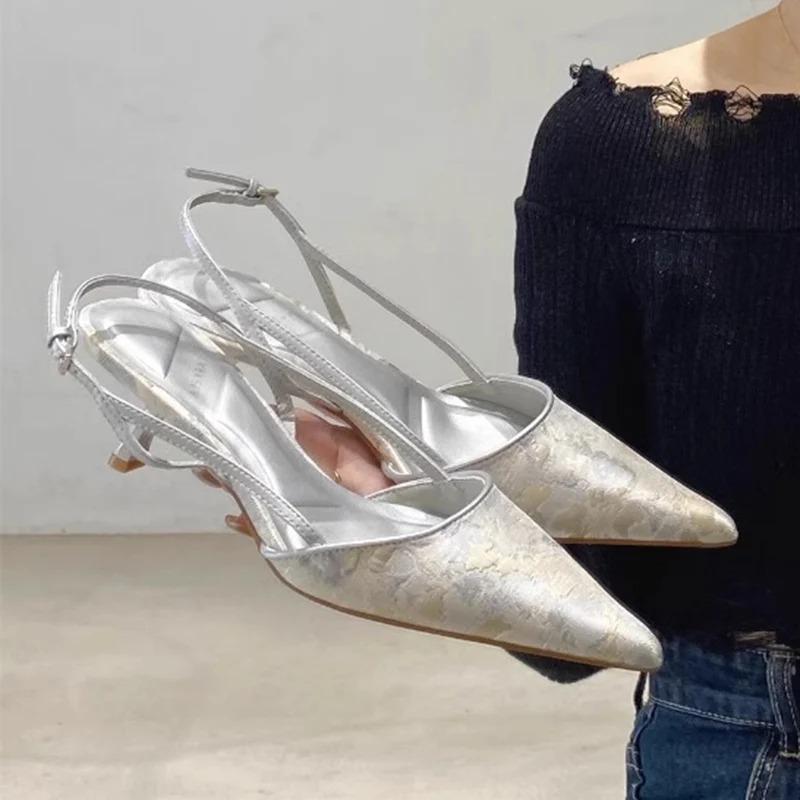 Fashion Fashion Print Thin Heels Pumps for Women Summer Pointed Toe Med Heels Sandals Woman Ankle Strap Chinese Style Slingbacks Pumps