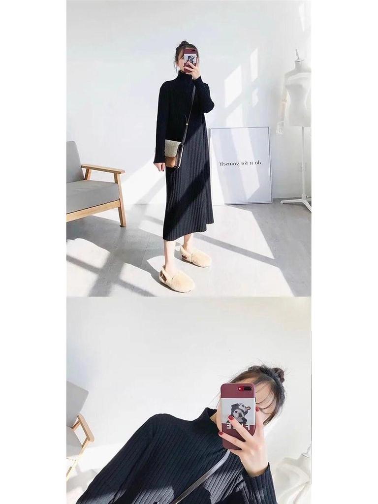 Women's Mid-Length Wool Knit Dress - Loose, Long Sleeve, Half-High Collar, Perfect for Layering Under Coats, Autumn & Winter Wear.