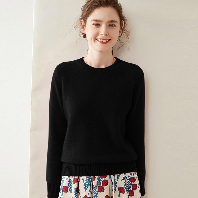 Women's Cashmere Round Neck Slimming Wool Sweater - Warm, Loose, Long Sleeve, Short Style Base Layer for Spring and Autumn