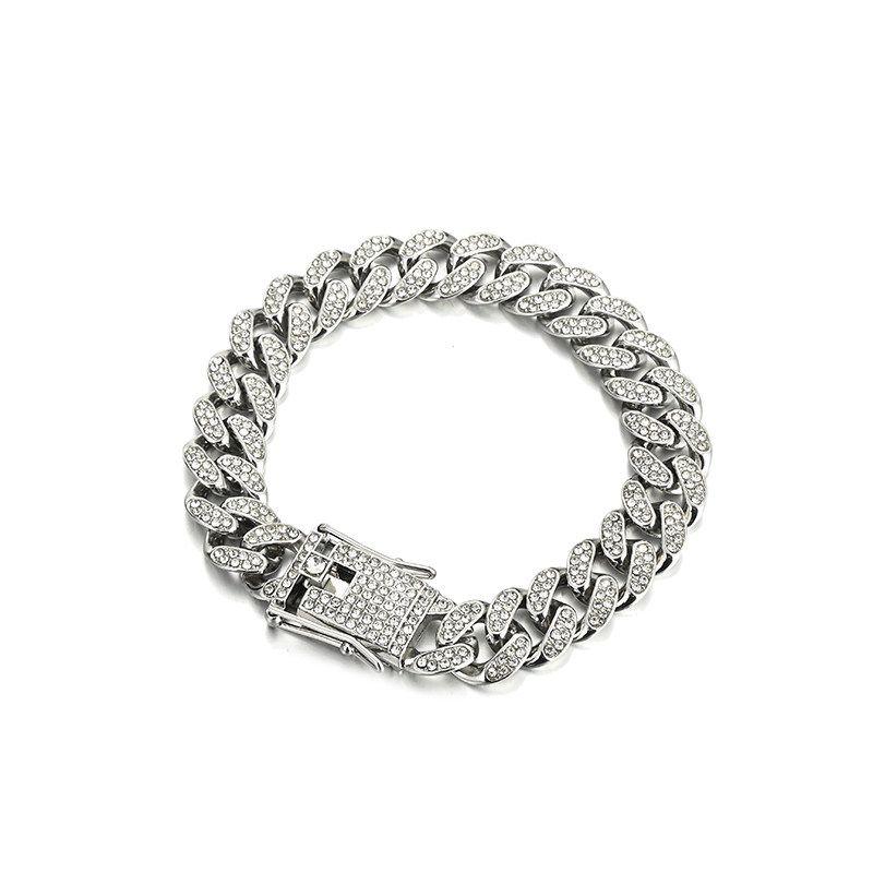 Niche Style Full Diamond Cuban Silver Hip Hop Style Couple Bracelet Full Diamond Cuban Bracelet [18cm Press Buckle]