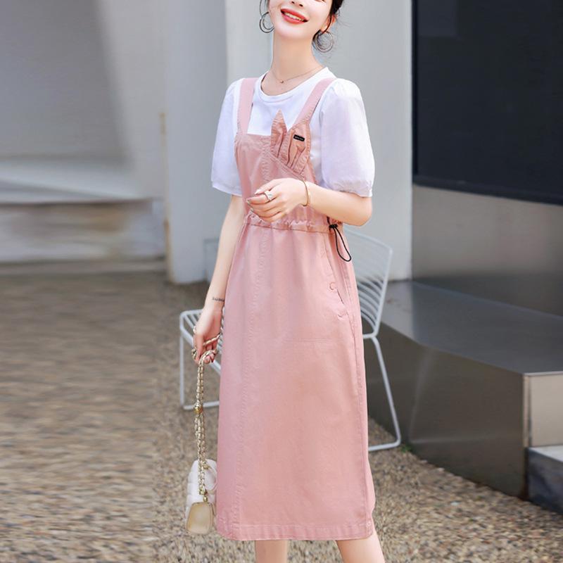 

2025 Summer Women s Pink Plus Size Suspender Dress & Top Set - Stylish, Casual, Age-Reducing 2X Large