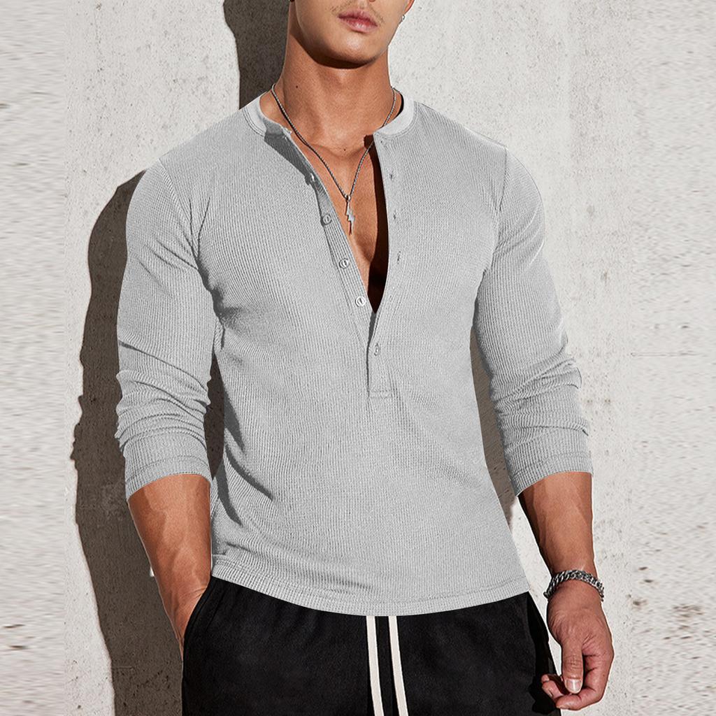Men's V-neck Sports Fitness Casual Stand Up Collar Elastic Solid Color Long Sleeves