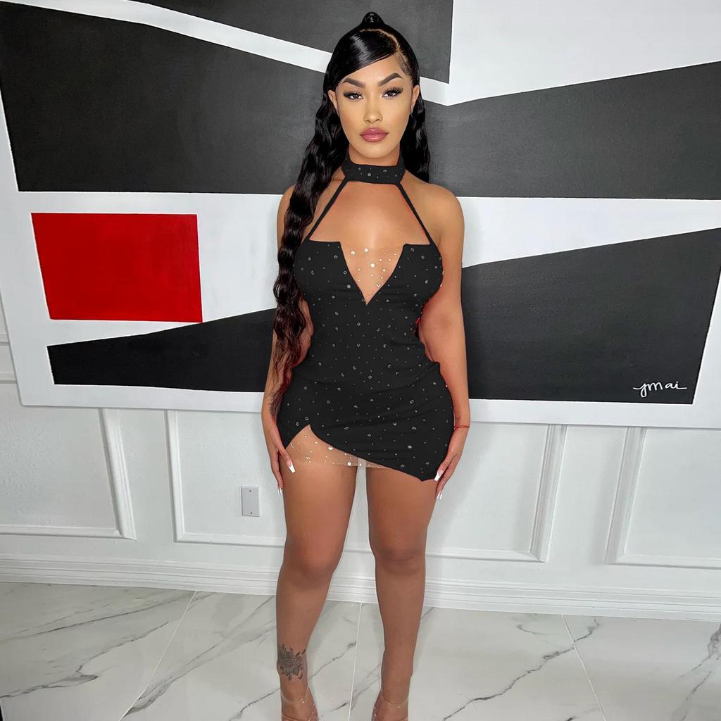 OS6862 Letní Sexy Šaty s Hlubokým Výstřihem a Diamanty - Dámské Krátké Šaty Evropského a Amerického Stylu