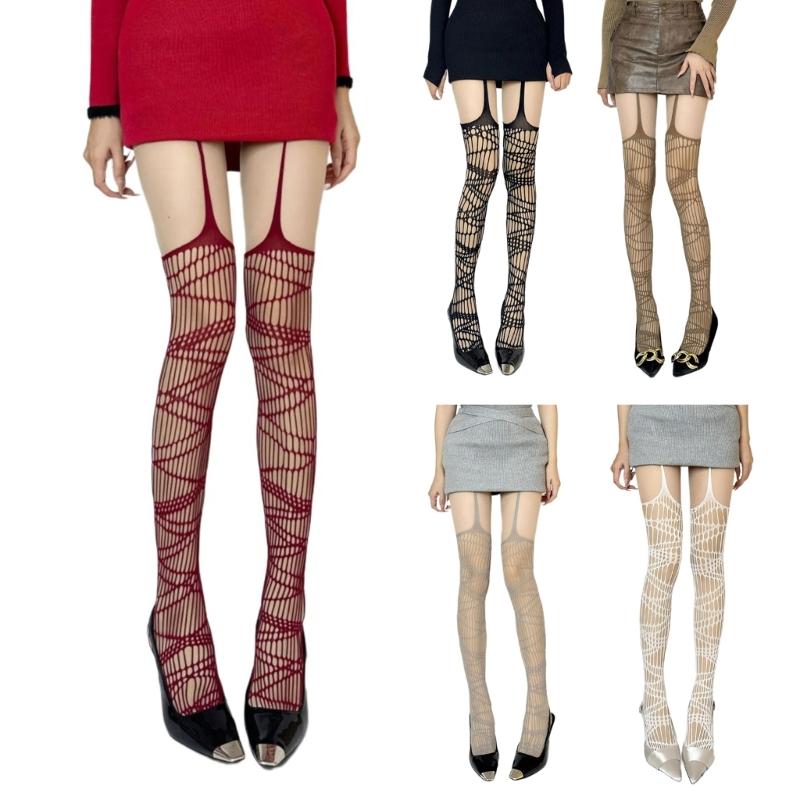 Patterned High Waist Fishnet Pantyhose for Women Aesthetic Garter Belt Thigh High Stockings Sheer Suspender Pantyhose
