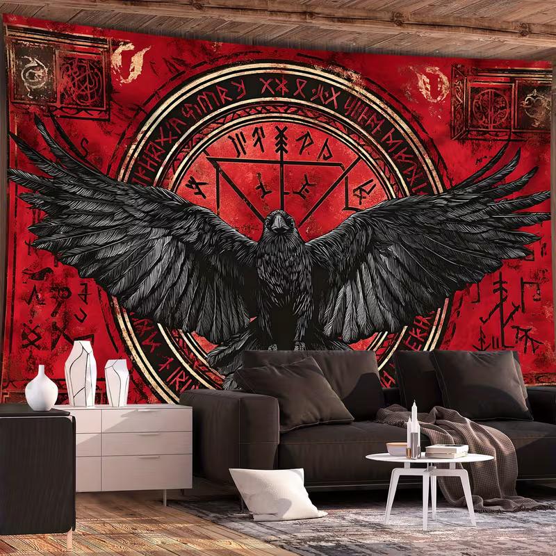 2D Vintage Red Raven Tapestry, Viking Runes Black Crow Wall Hanging