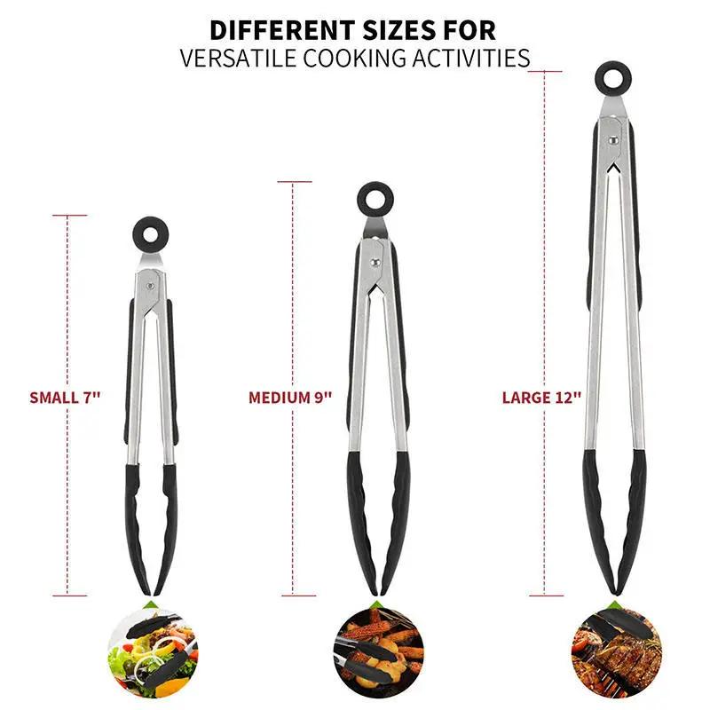 1 Pc Black Silicone Food Tongs, Stainless Steel Food Tongs Outdoor BBQ Clamps for Camping Kitchen Tongs for Baking Steak