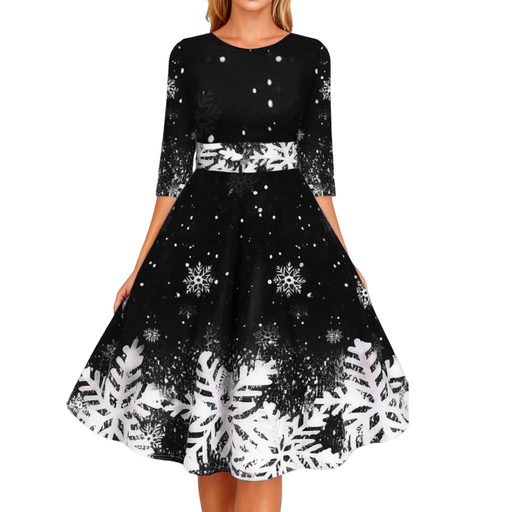 Ladies' Printed Fashionable And Personalized Snowflake Mid Sleeve Waist Dress