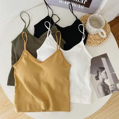 V-neck Suspender Top Women's Chest Pad Solid Color with Short Sleeveless Halter Sexy Tank Top