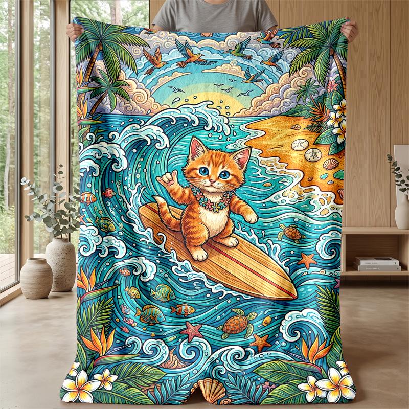 Surfing Cat Paradise Theme blanket Lightweight Warm Flannel Blanket Decorative Throw Blanket for Home Decoration