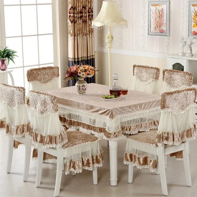 Velvet Lace Hem Table Cloth Dining Chair Cover Set Household Chair Pad Banquet Home Decor Dining Table Rectangular Tablecloth