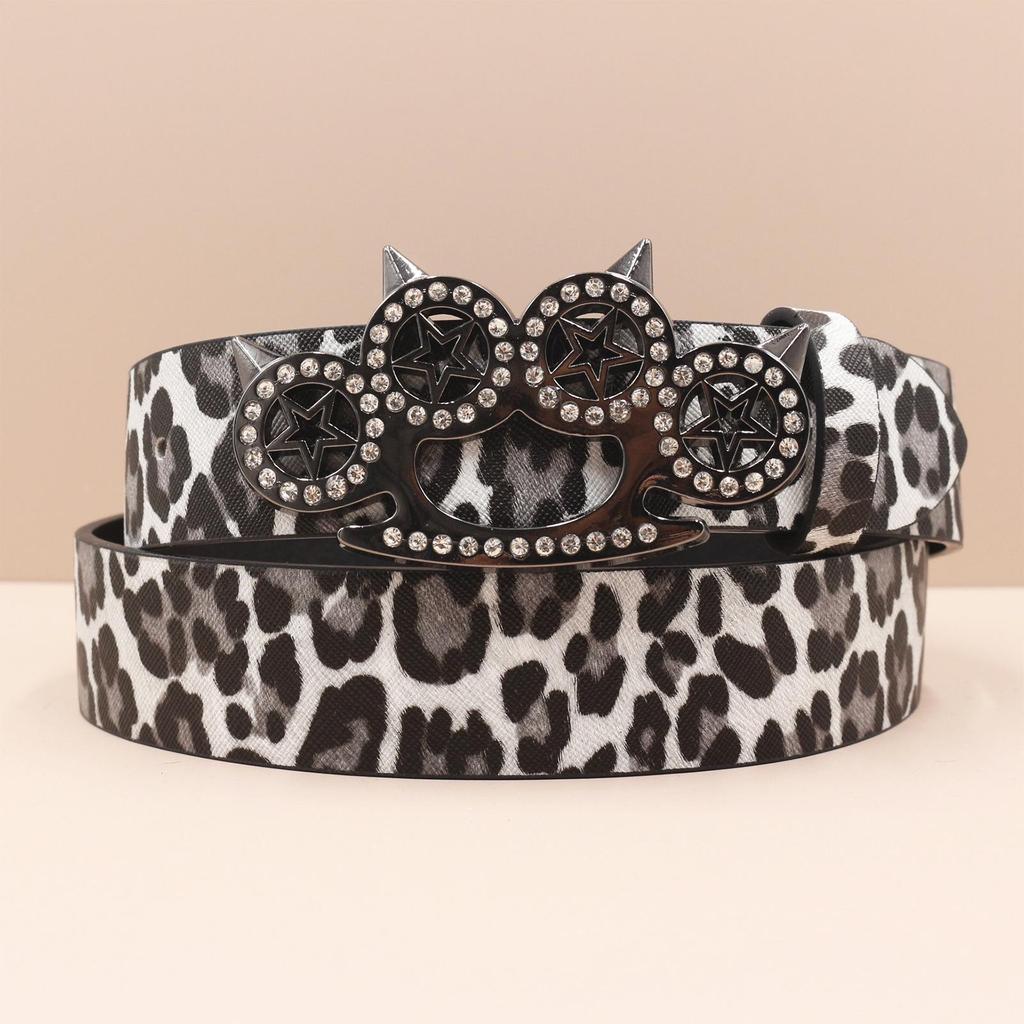 Y2K Leopard Print Rhinestone Tiger Claw Punk Women's Leather Belt