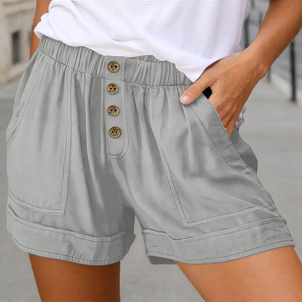 Damen Farbe Lässige Shorts Hohe Taille Mit Knöpfen Taschen Locker Weites Bein Hosen