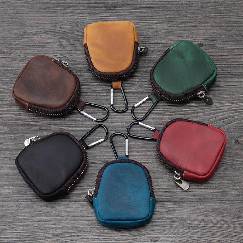 Retro Coin Bag Crazy Horse Leather Small Coins Keys Holder Zipper Pouches Bluetooth Earphone Storage Bags