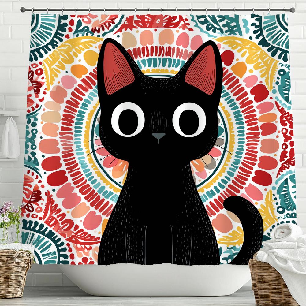 Flowers and plants cat pattern Shower Curtain, Bathroom Decorative Shower Curtain, Waterproof Shower Curtain with Hooks
