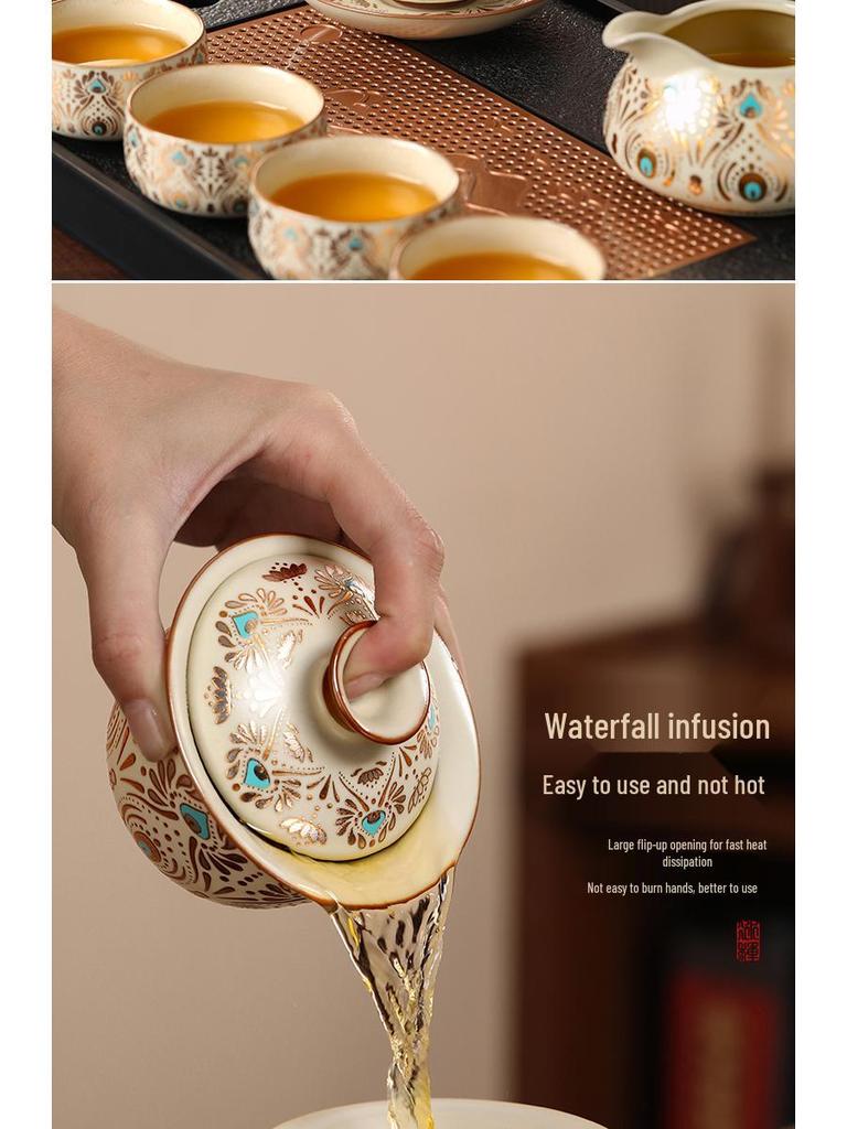 Ru Kiln Kung Fu Tea Set: Light Luxury Teapot, Teacups & Brewing Tray