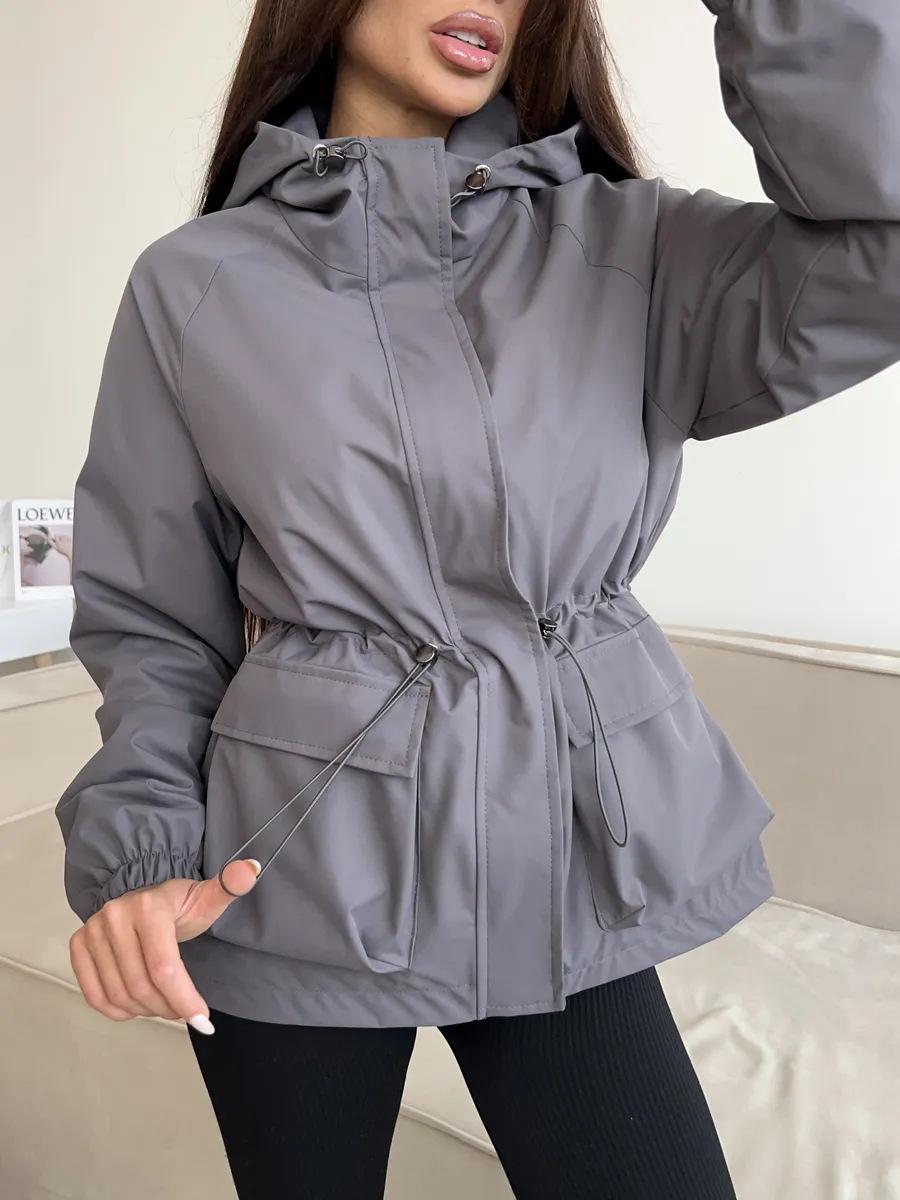 

Drawstring Waist Hooded Windbreaker Jacket M сірий колір