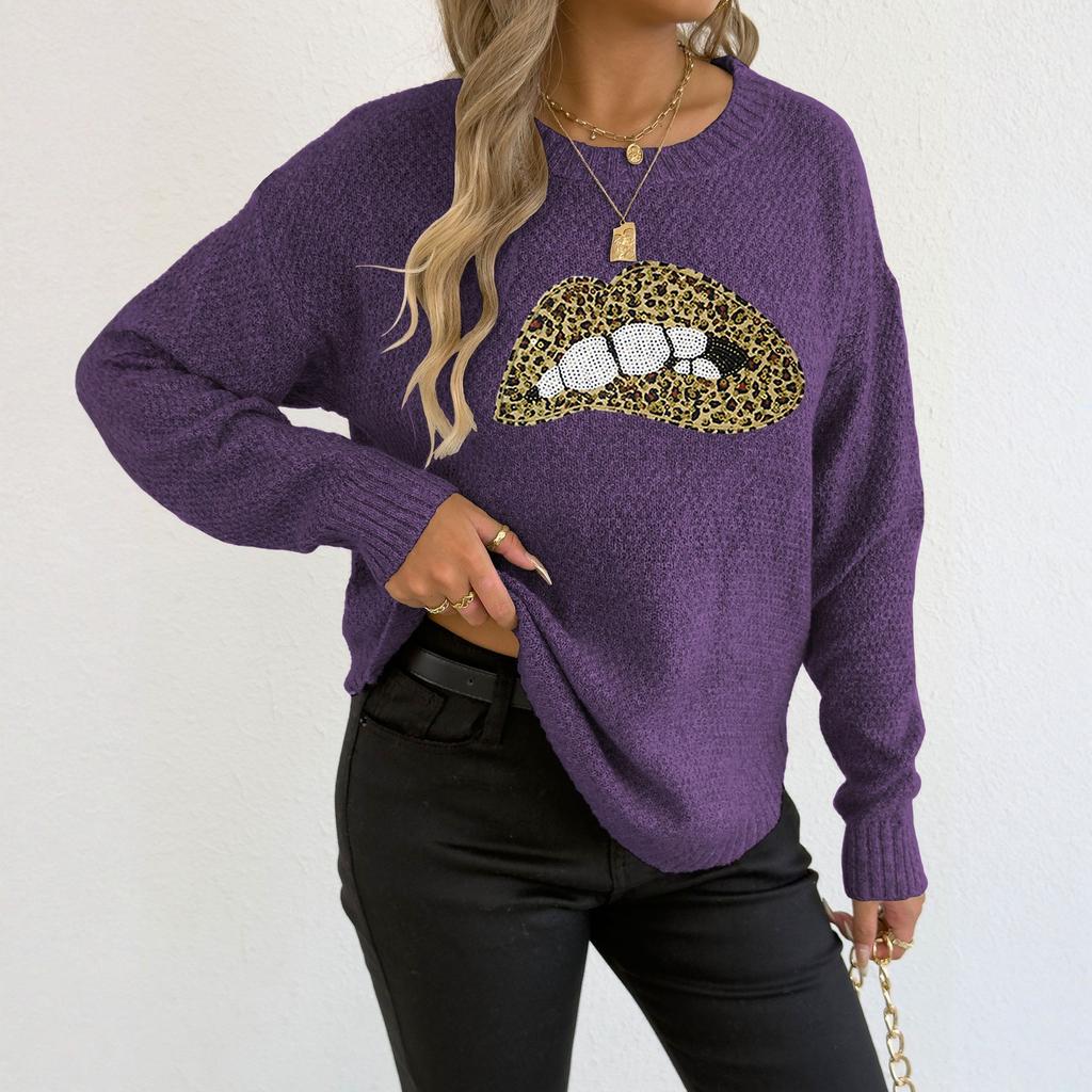 Women's Winter Leopard Embroidery Sequin Lips Round Neck Pullover