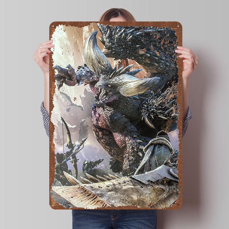 MMonster Hunter Tinplate Posters Custom Wall Art Vintage Metal Signs Retro Tin Plaque for Gaming Decoration Room Bar Accessories