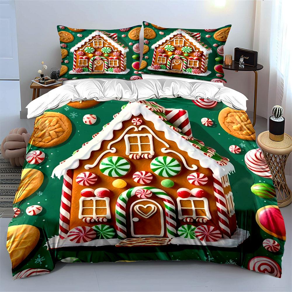 Gingerbread House with Candy Bedding Duvet Cover Set Duvet Cover Pillowcases (1*Duvet Cover 2*Pillowcases, Without Duvet Insert)