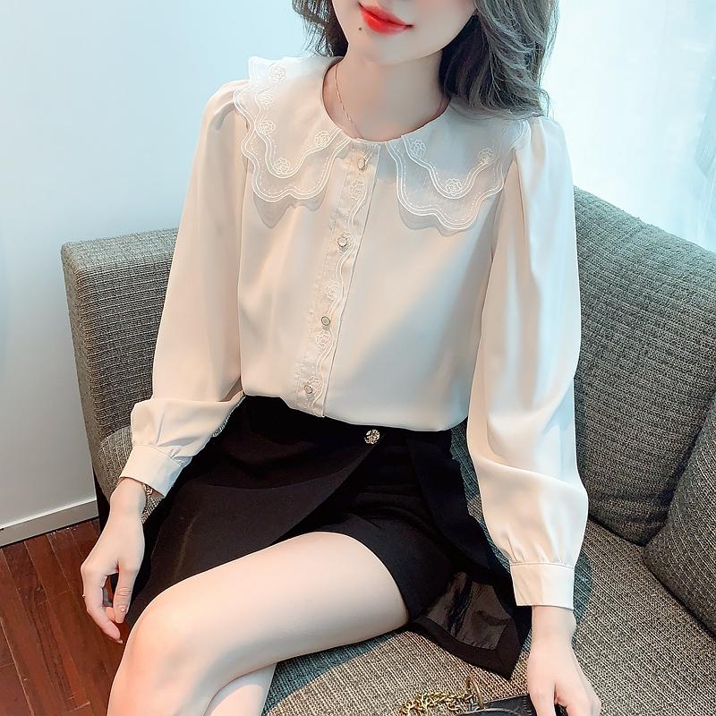 New 2024 Fashion Autumn Long Sleeve Doll Collar Casual Chiffon Blouse Shirt Women Tops Blouses Shirts J465
