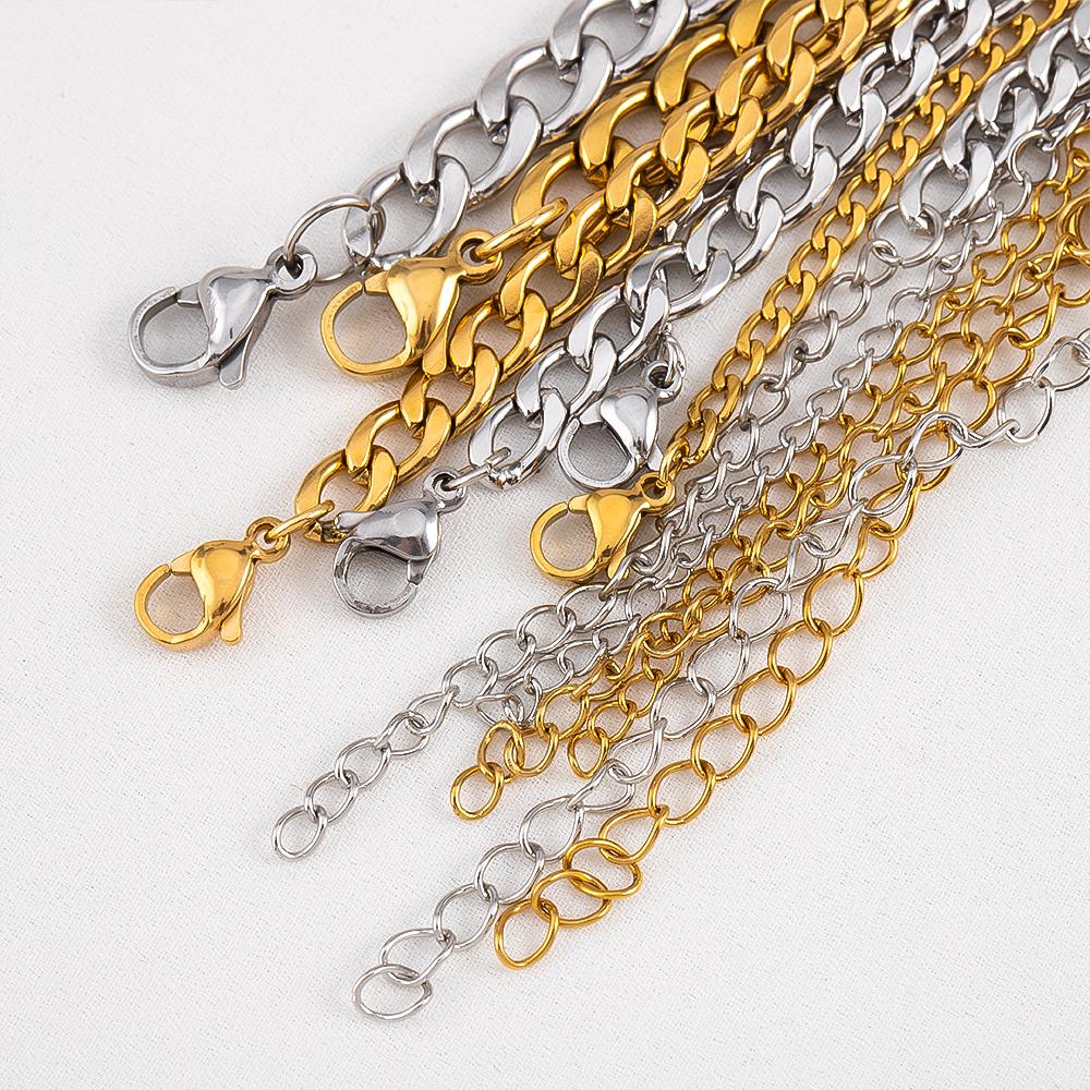 5pc 2pc Stainless Steel Width 3mm 5mm 7mm Bracelet Cuban Chain Adjustable Extension Chain Lobster Clasp DIY Men Jewelry Making