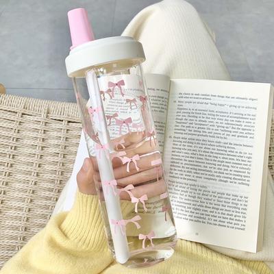 700ml Portable Large Capacity Women Water Cup Pink Bow Print Tumbler Water Bottle with Straw Lid Girly Attractive Drinking Cup