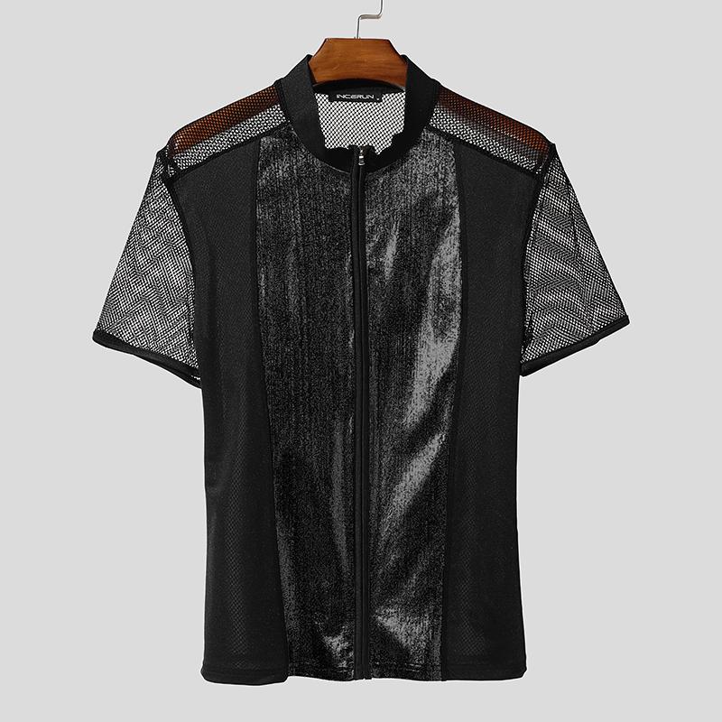INCERUN Men Short Sleeve Mesh Sheer Glitter Patchwork Party T-shirts Tops
