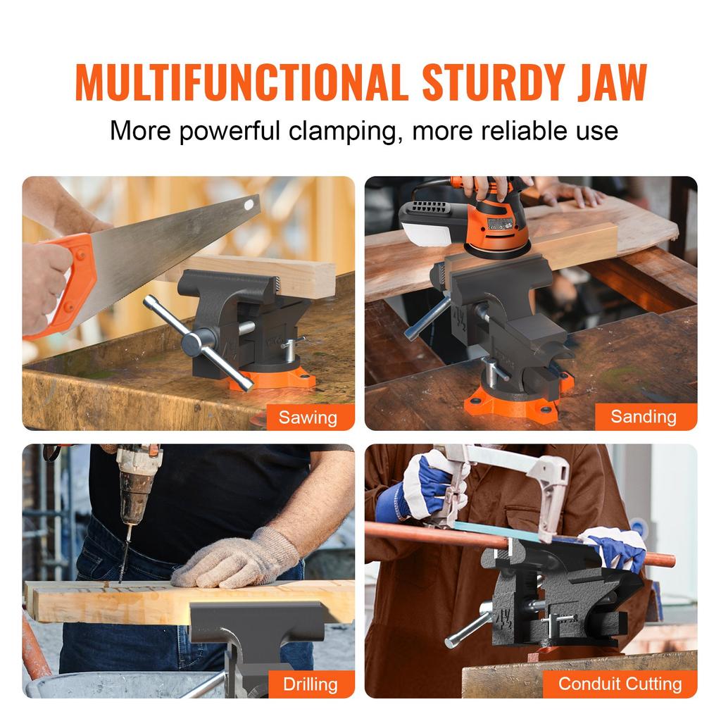 VEVOR Bench Vise, 114 mm(4.5-inch) Jaw Width 84 mm(3.3-inch) Jaw Opening , 240-Degree Swivel Locking Base Multipurpose Vise with Anvil