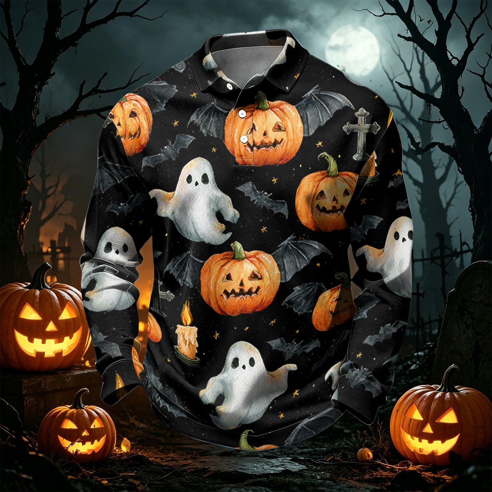 Men s Quick-Dry Mesh Golf Shirt Long Sleeve - Halloween Print Casual Top XXL чёрный