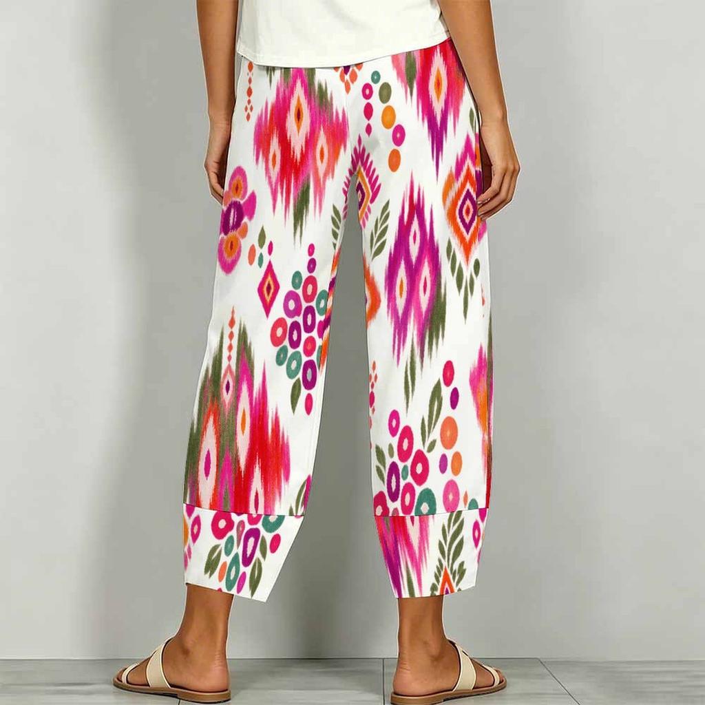 Women Plus Size White Green Floral Printed Loose Cropped Pants Cross Hem With Pockets