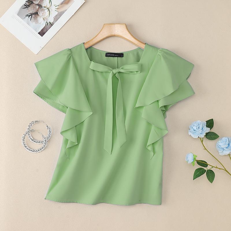 ZANZEA Women Casual Square Collar Ruffles Short Sleeve Loose Blouse