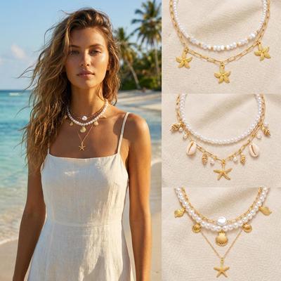 Collier Tendance Multi-rangs Perles & Étoiles de Mer - Style Mode Vacances Bord de Mer pour Femmes