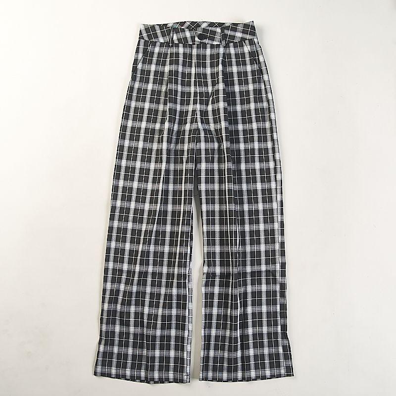

1121 K-style Retro Loose Casual Loose Pants Women s H73420 Spring & Fall High Waist Plaid Drooping Straight Long Pants 2 Black and White S