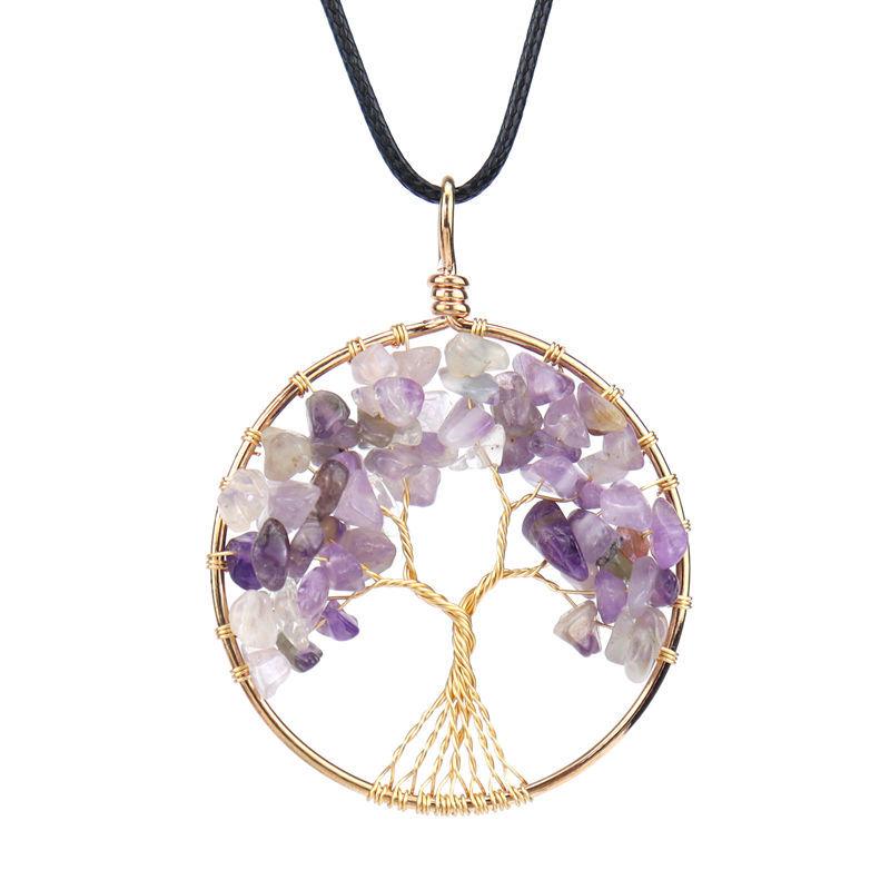 Color-Preserving Gold Hand-Wrapped Natural Crystal Gravel Tree Of Life Necklace Fortune Tree Necklace N47