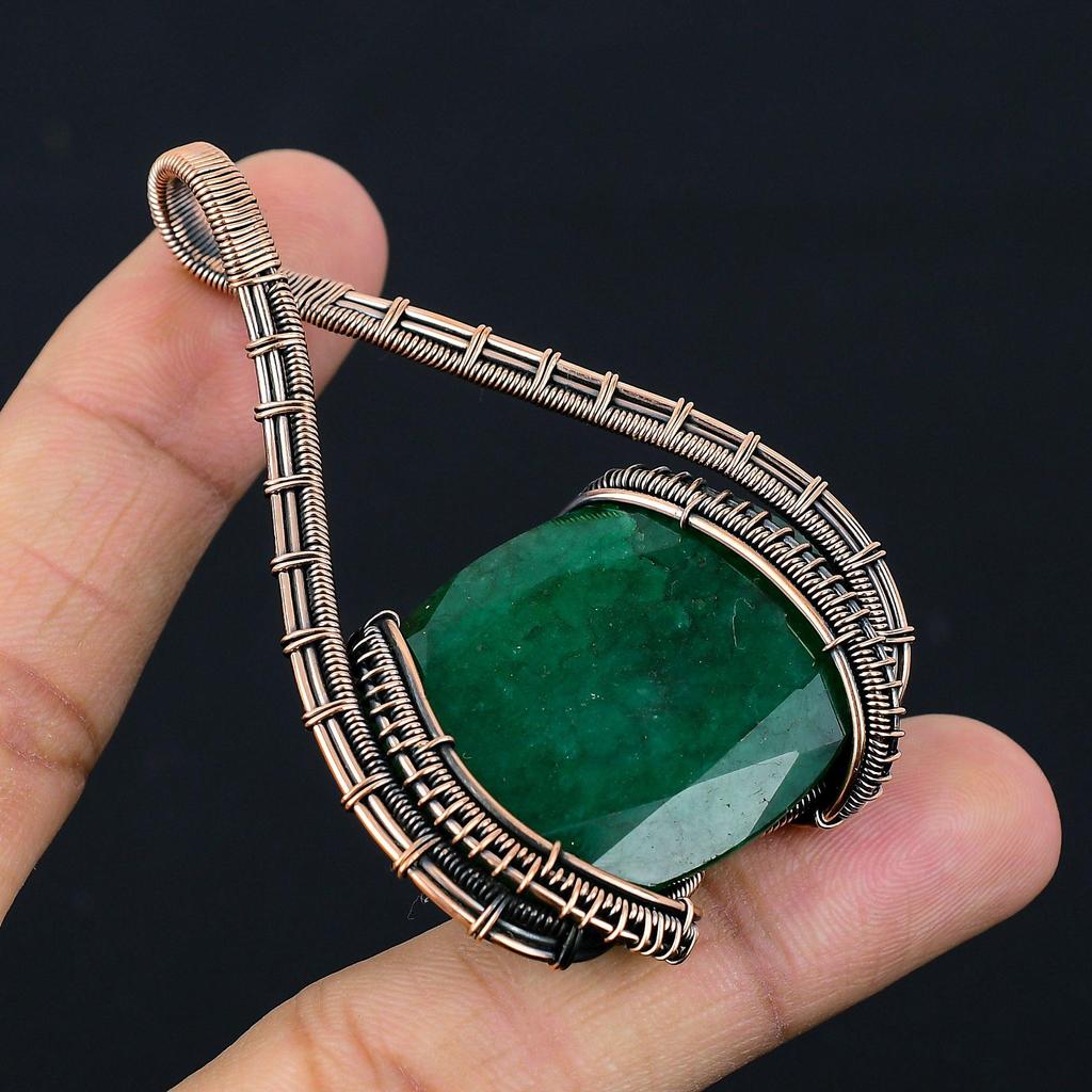 Lab-Created Emerald Gemstone Pure Copper Wire Wrapped Designer Handmade Pendant Jewelry For Gift