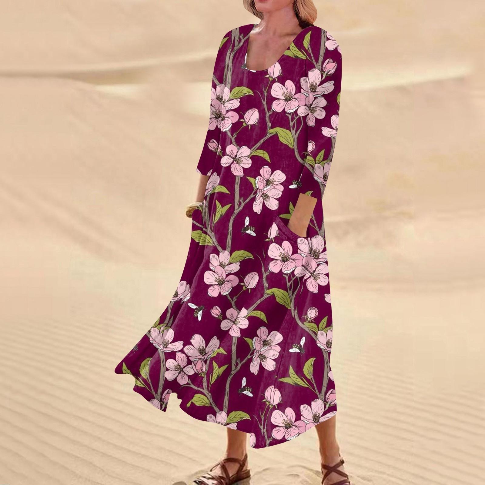 Женское повседневное удобное хлопковое карманное платье с цветочным принтом и рукавами — фото 8