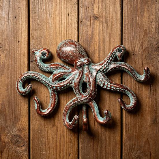 Gancho Decorativo para Abrigos de Pulpo de Hierro Fundido, Colgador de Metal Rústico para Ropa en Pared, Portarrollos para Toallas de Mano Náutico para Dormitorio Baño Cocina