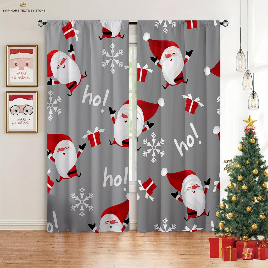 2pcs Cartoon Santa Claus Merry Christmas Printed Curtains Kids Gift Bedroom Restaurant Holiday Party Decorative Curtains