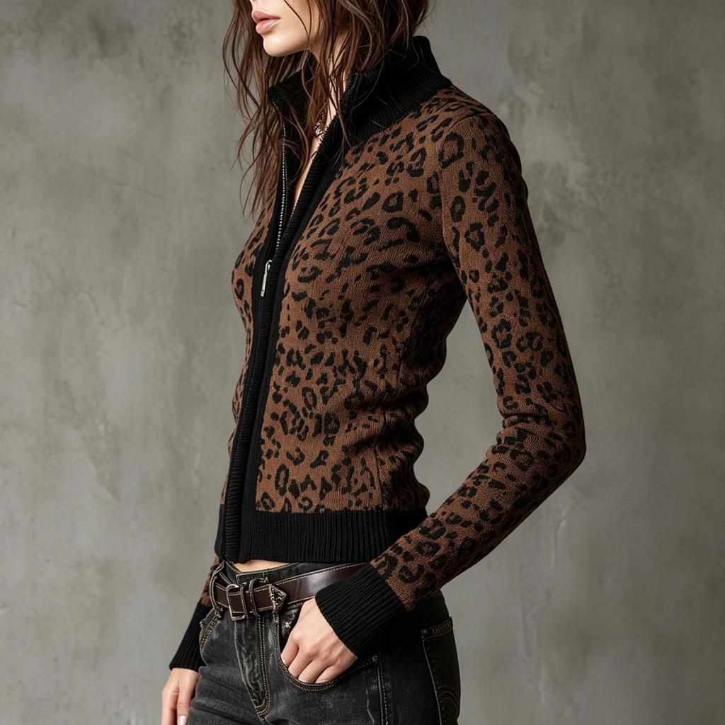 Women's Retro Leopard Print Zip Up Slim Fit Cardigan – Vintage Fashion Knit Cardigan