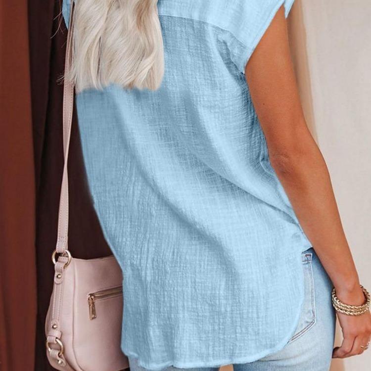 Women Casual Short Sleeve Shirt Summer Solid Color Lapel Top Single Breasted Blouse