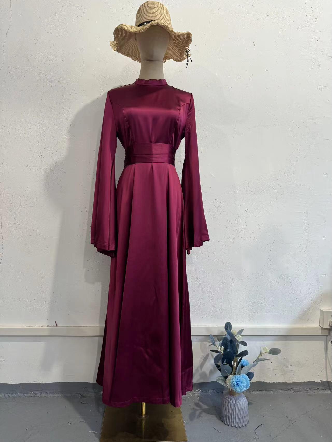 

2024 Autumn New Style Long Sleeve Solid Color Slim Waist Dress M вина червоного кольору