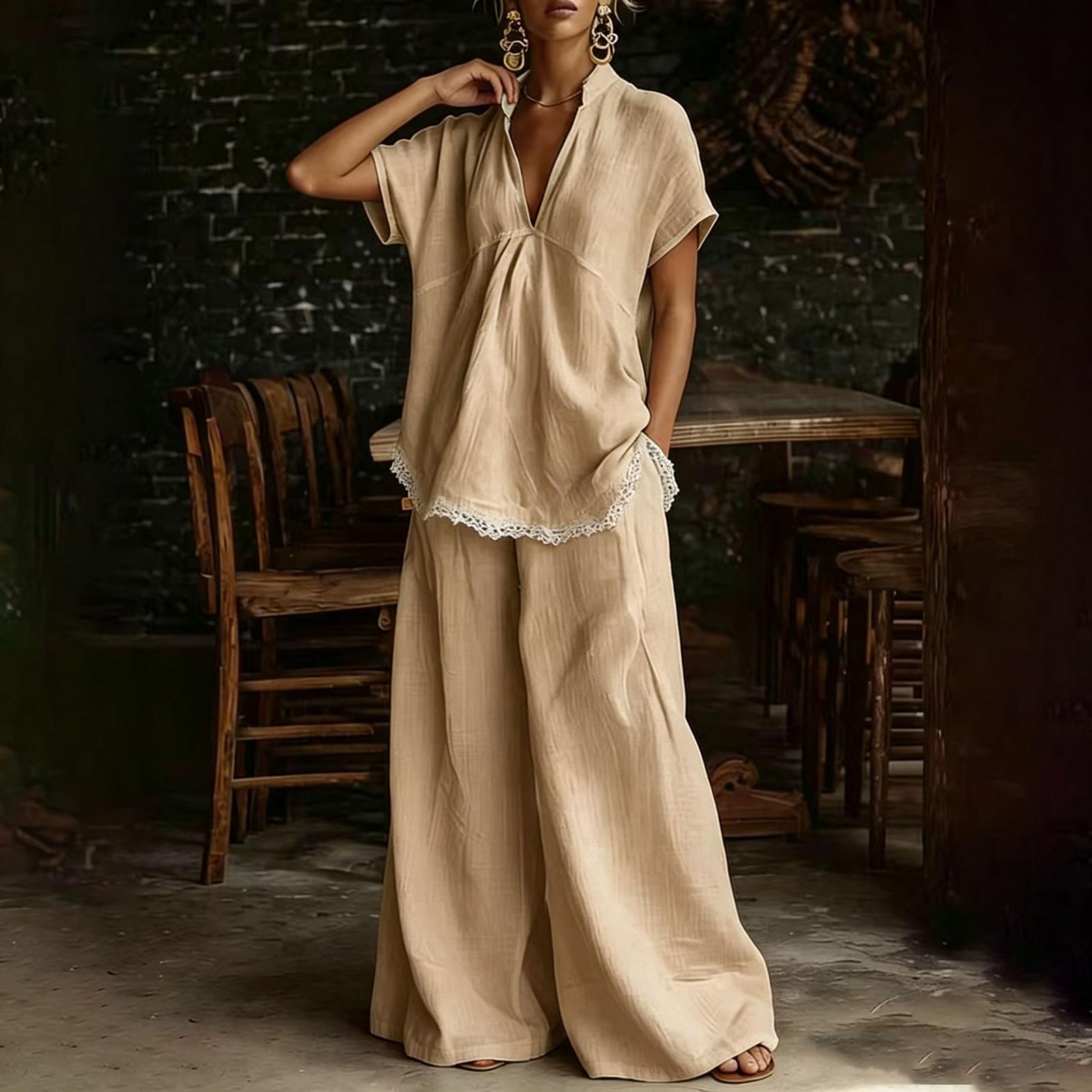 

Women s Short-sleeved Shirt And Loose Pants Two-piece Set L хаки