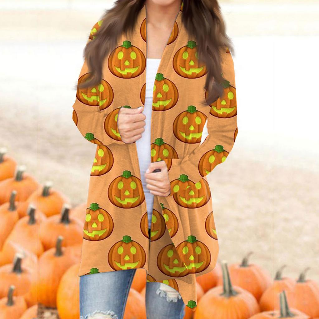 Women's Fashion Casual Halloween Printed Long Sleeve Mid-Length Cardigan Jacket