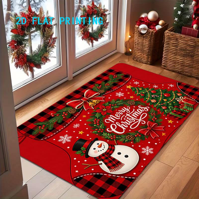 1pc, 2D Flat Printing, Christmas Themed Red Doormat with Snowman Wreath Pattern, Indoor Non-Slip Mat, Non-Slip Machine Washable Easy-to-Clean Polyeste