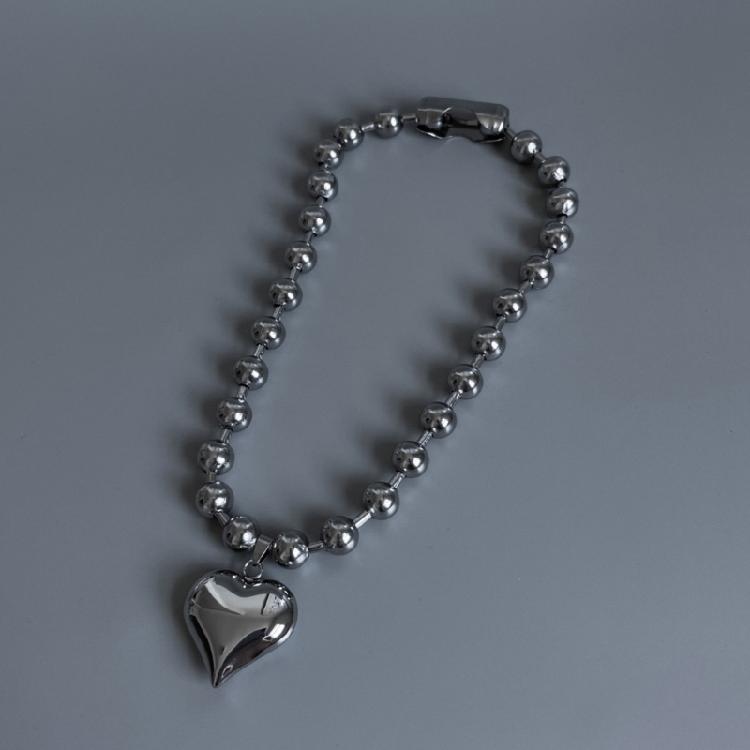 Korean Round Bead Chain Silver Love-shape Pendant Necklace Ins Clavicle Chain